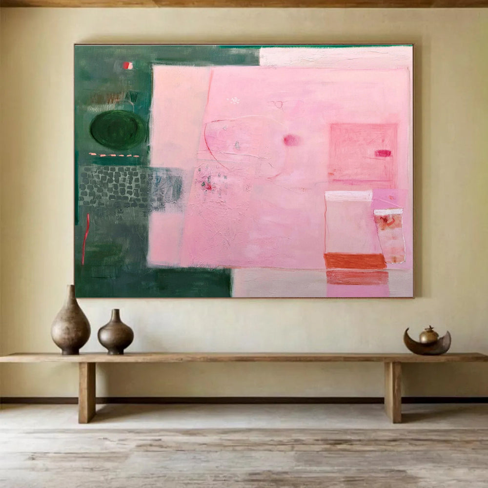 Pink & Green Abstract Composition Painting On Canvas DKS060