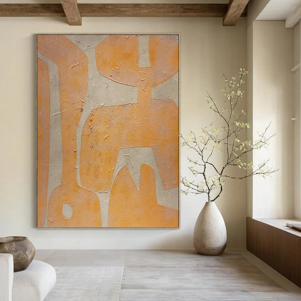 “Orange - on - Beige Abstract Forms” - Warm - Colored Shapes Painting On Canvas PT1073