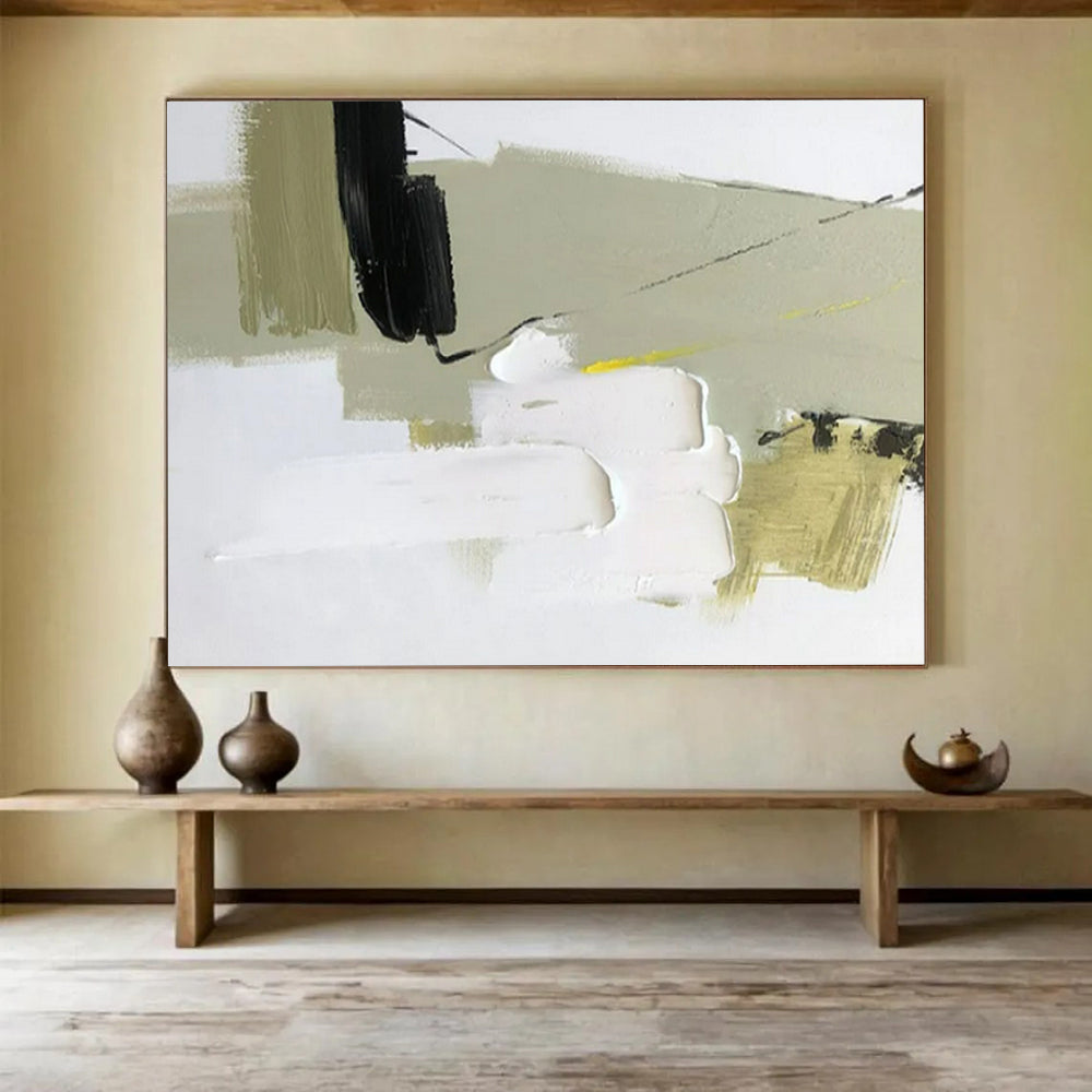 “Soft - Tone Abstract Blocks” - Green - White - Black Abstract Painting On Canvas PT1566