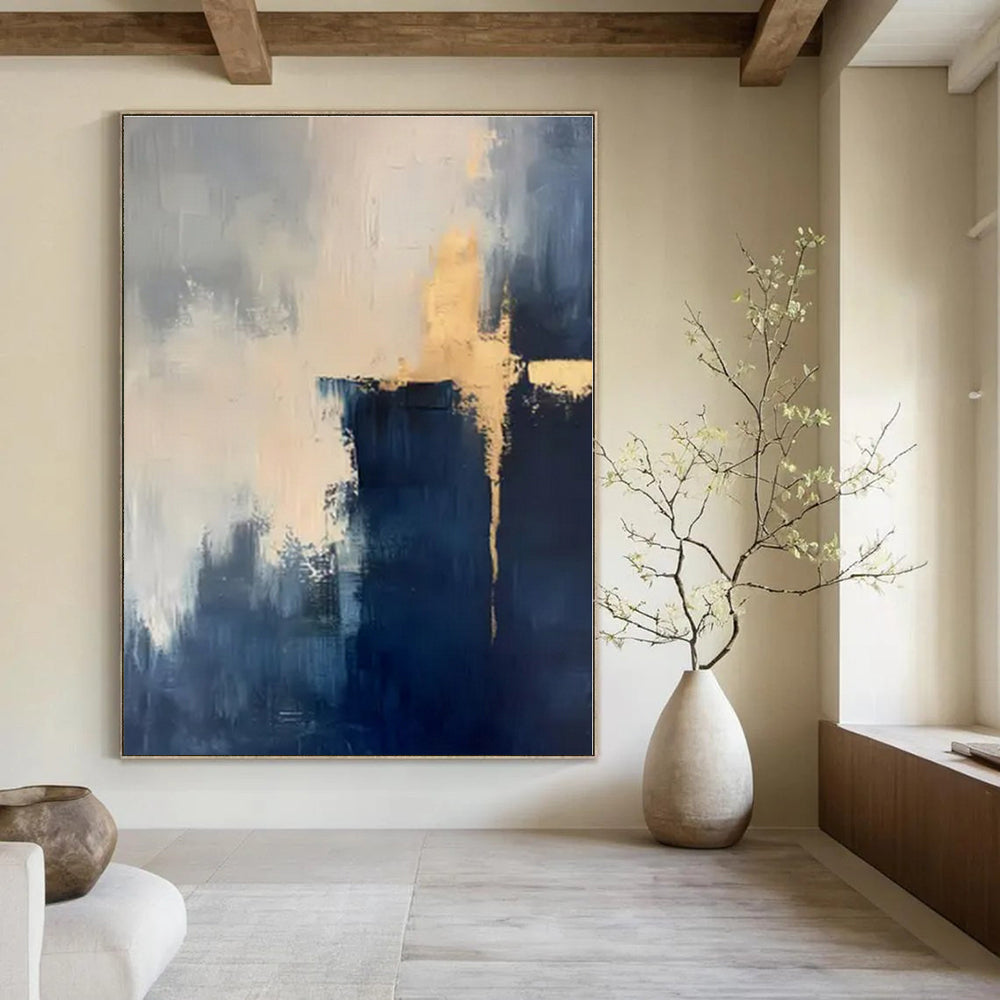 Navy, White, Gold with Abstract Overlays "Gilded Horizons" Abstract Painting On Canvas PS1311