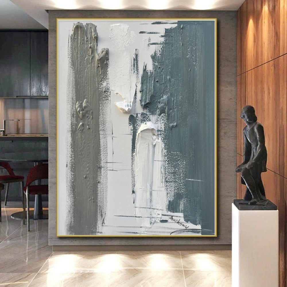 “Gray - White Textured Blocks” - Gray, White Abstract Painting On Canvas PS0494