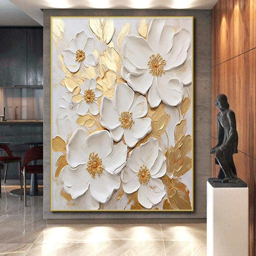 “3D White Flowers & Gold” - White, Gold Abstract Floral Painting On Canvas PS0658