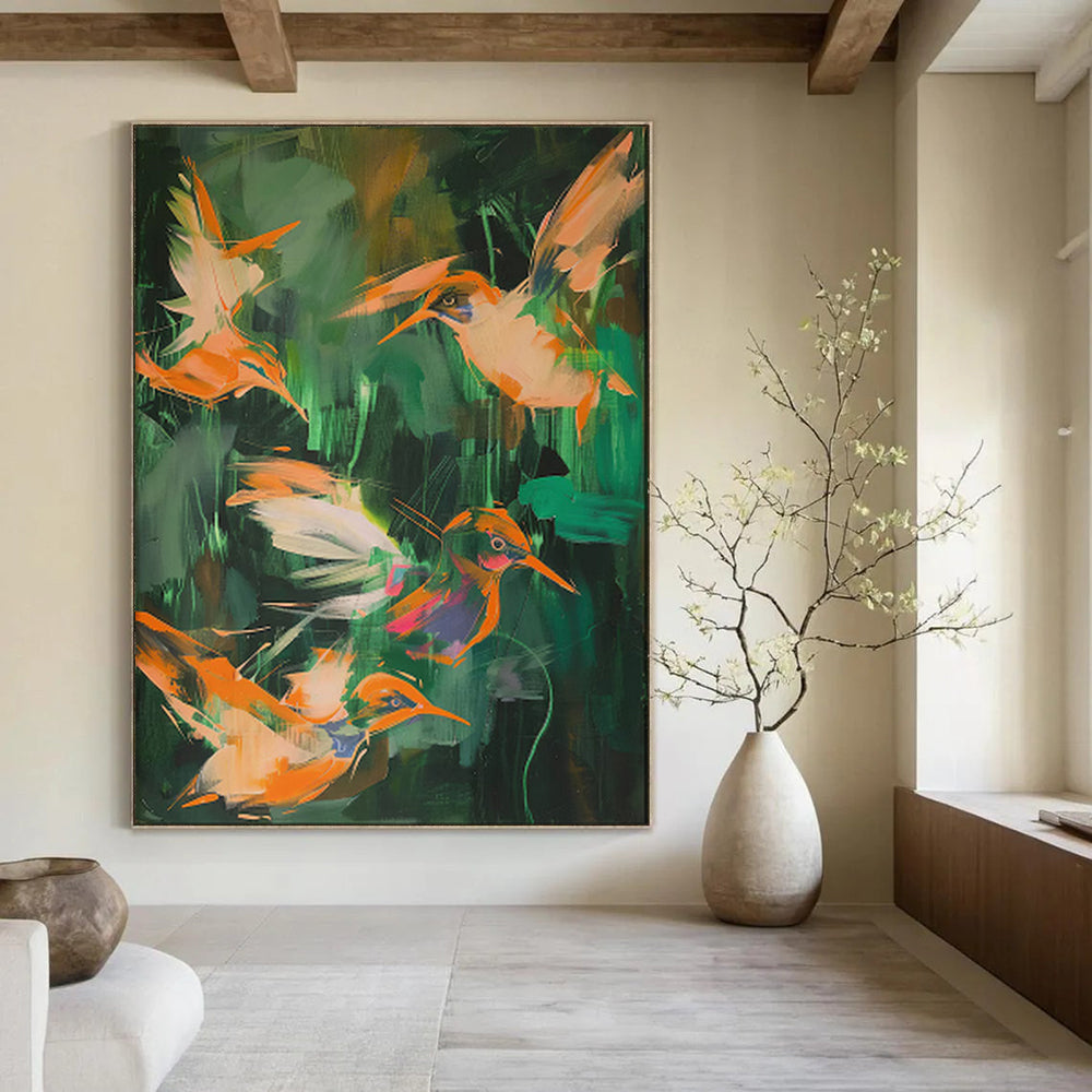 “Colorful Hummingbird Flurry” - Abstract Wildlife Painting On Canvas PT2026