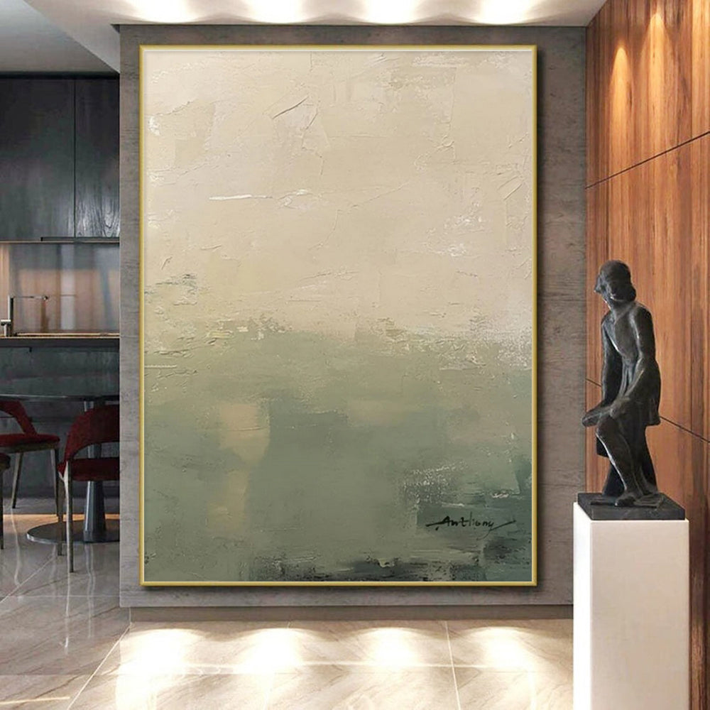 “Soft Green - Beige Gradient” - Beige, Green Abstract Landscape Painting On Canvas PS0657