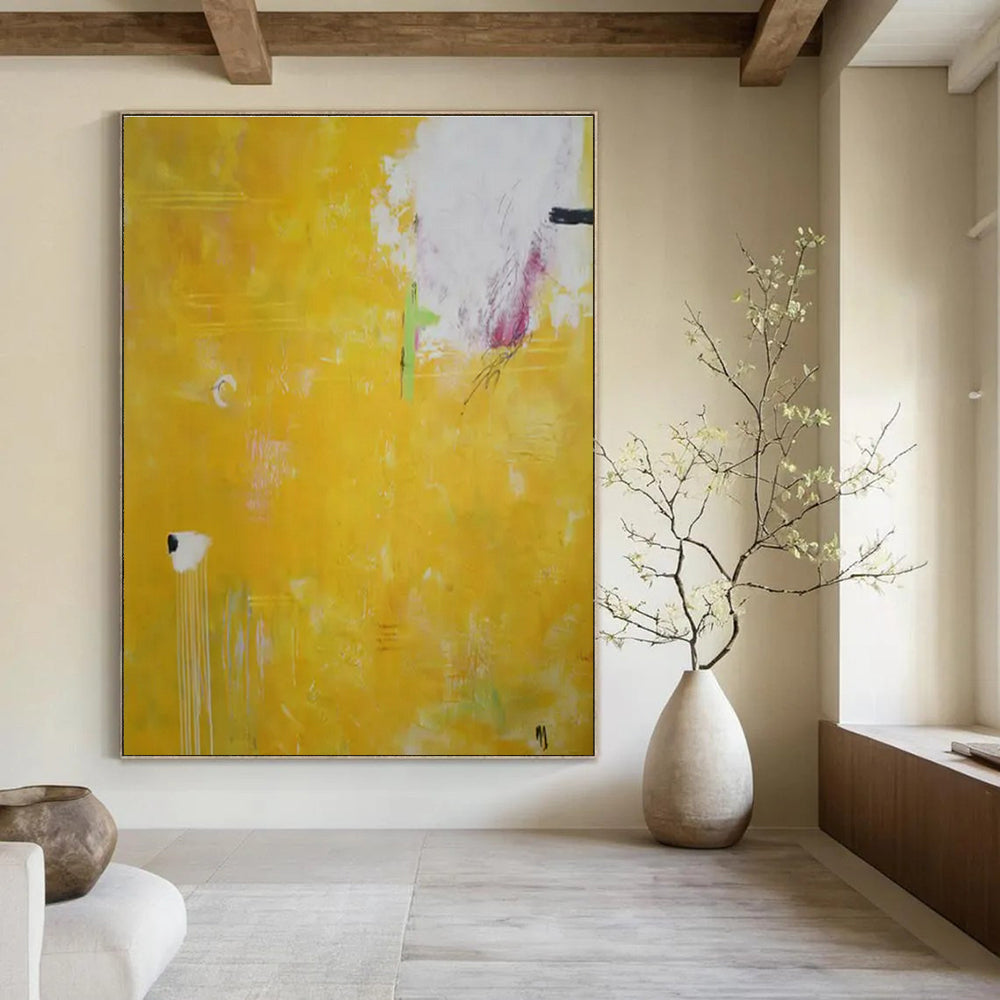Bright Yellow, White, Green with Minimal Marks "Sunny Whispers" Abstract Painting On Canvas PS1407