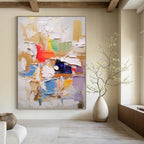 “Vibrant Layered Abstract” - Multicolor, Patchwork - like Abstract Painting On Canvas PT1057