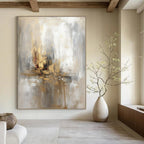 Gray, Gold, White with Muted Strokes "Elegant Haze" Abstract Painting On Canvas PS1463