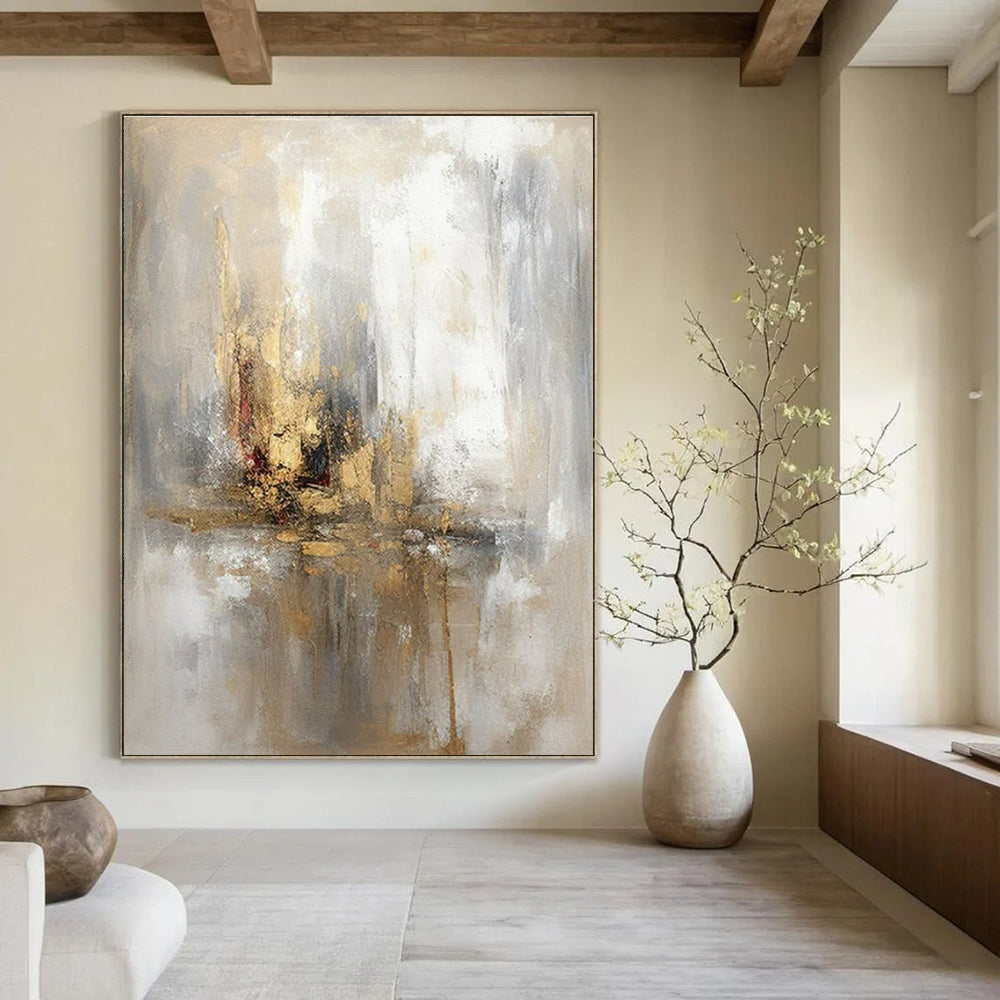 Gray, Gold, White with Muted Strokes "Elegant Haze" Abstract Painting On Canvas PS1463