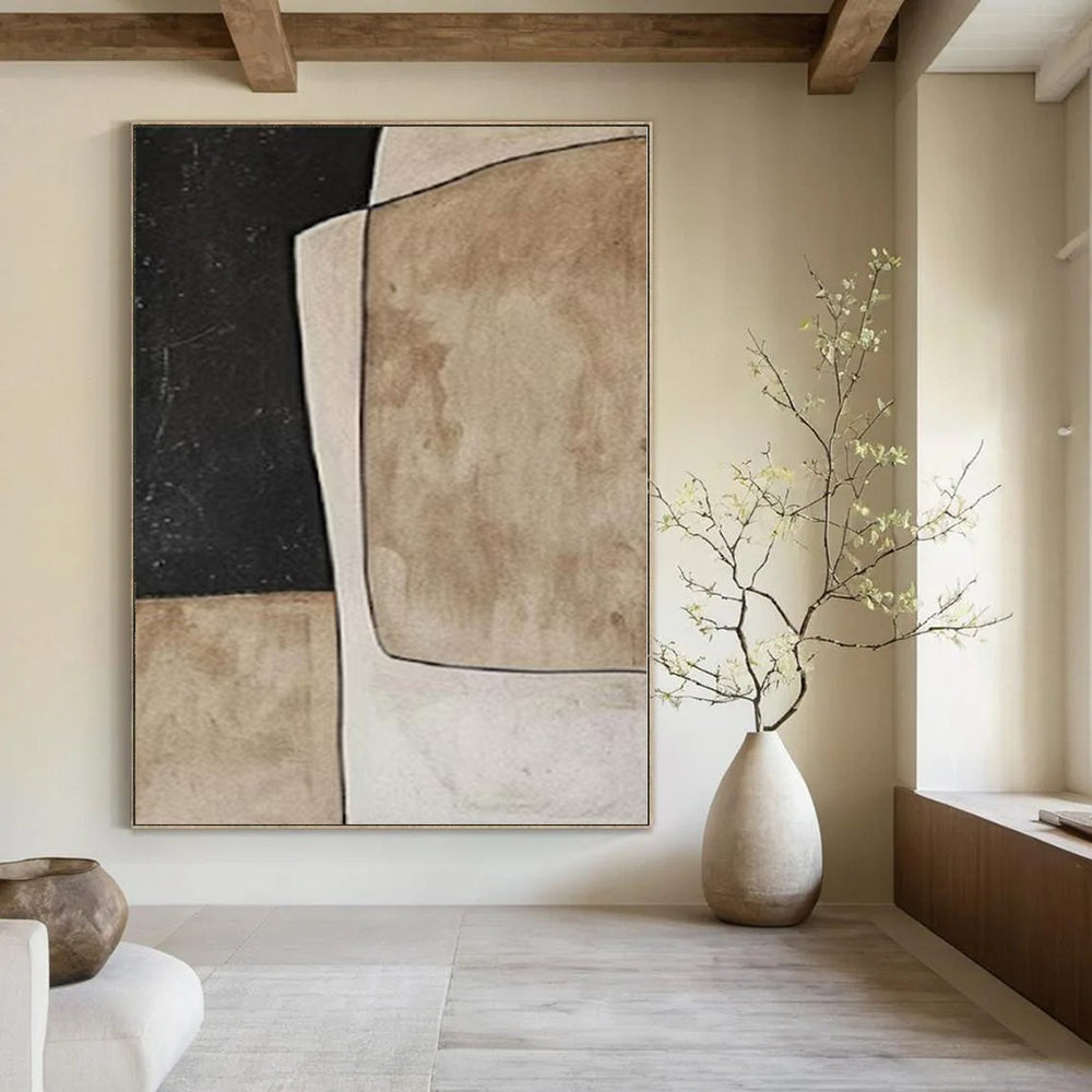 Beige, Black and White with Geometric Shapes "Vintage Geometry" Abstract Painting On Canvas PS1109