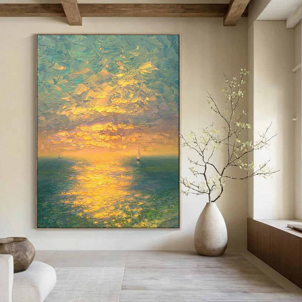 “Vibrant Sunset Sea with Sailboats” - Landscape Painting On Canvas PT2070