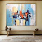 “Blue - Orange Abstract Harbor” - Coastal Hues “Marina Melody” Painting On Canvas PT1646