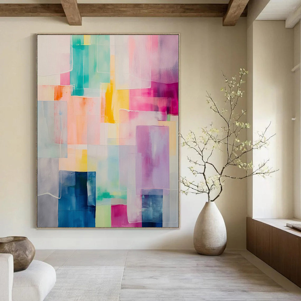 Colorful Translucent Rectangles "Hue Harmony" Abstract Painting On Canvas PS1177