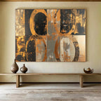 “Black - Gold Circles & Gray Background” - Abstract Geometric - Painting On Canvas PT1716