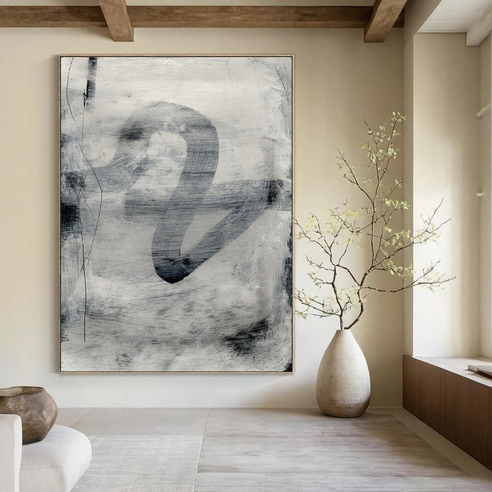 “Monochrome Abstract Flow” - Black & White Dynamic Forms Painting On Canvas DS189