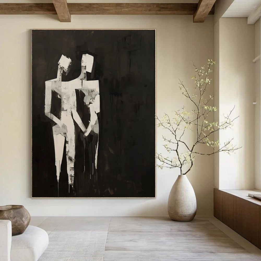 “Abstract Black and White Figures” - Cubist Abstract Painting On Canvas PT1934