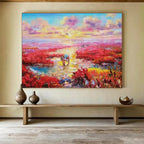 “Pink Wetland Sunset with Boats” Impressionist Landscape Painting On Canvas PT1799