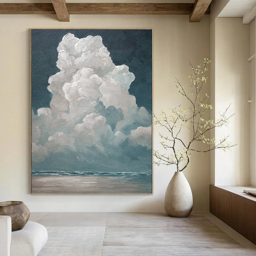 “Cotton Clouds Over Sea” - White, Teal, Sky & Ocean Painting On Canvas PT1459