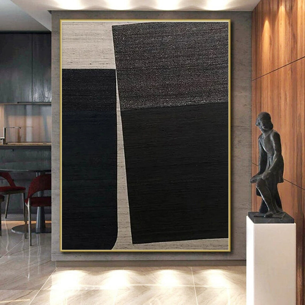 “Black & Beige Minimalism” - Black, Beige Abstract Geometric Painting On Canvas PS0660