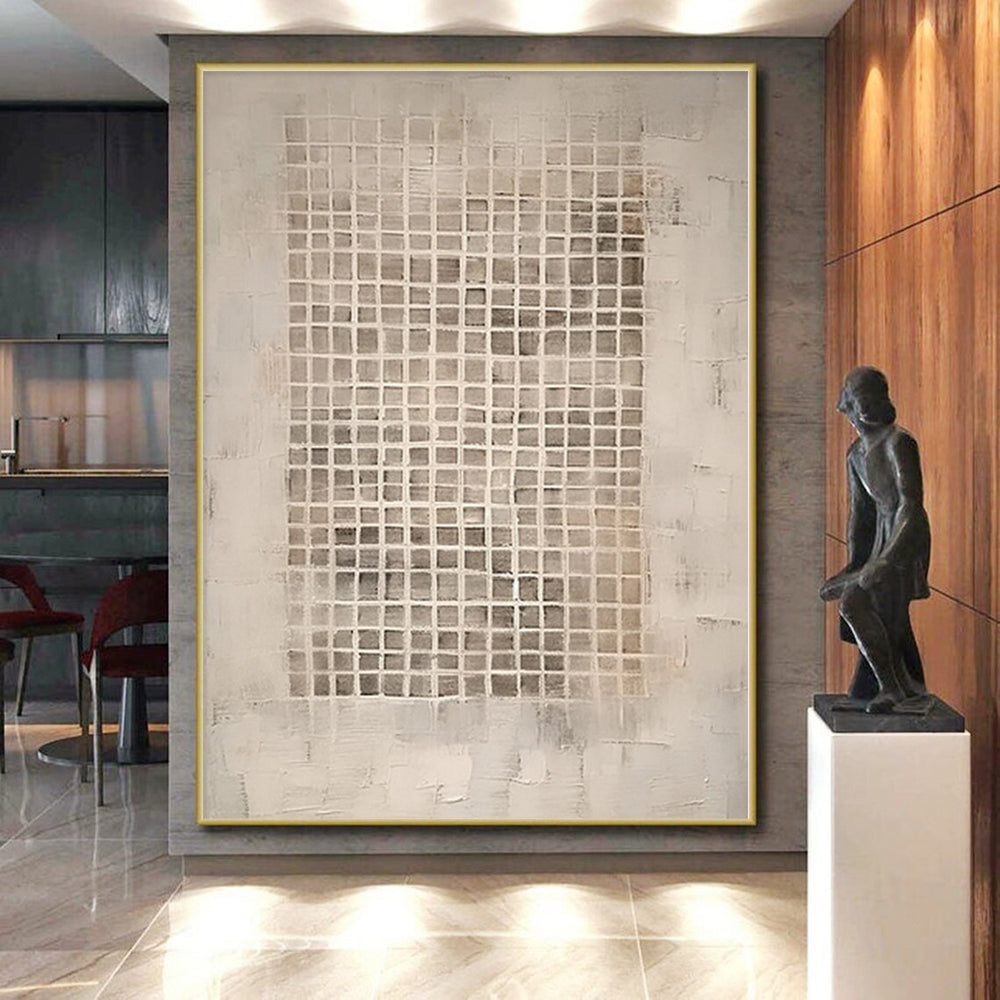 “Beige - Gray Grid Abstract” - Minimalist Abstract Painting On Canvas PS0091