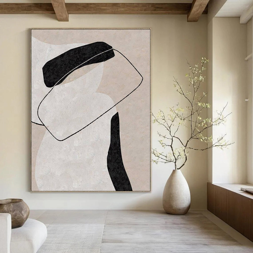 Beige, Black and White with Interconnected Forms "Linked Harmony" Abstract Painting On Canvas PS1122