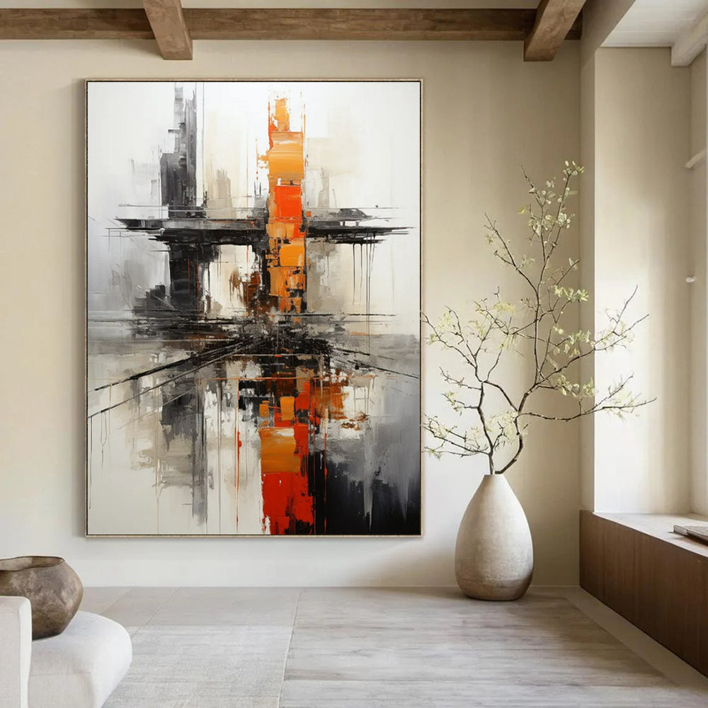 “Urban Abstract in Gray, Black, and Orange” - Industrial Abstract Painting On Canvas PT2265