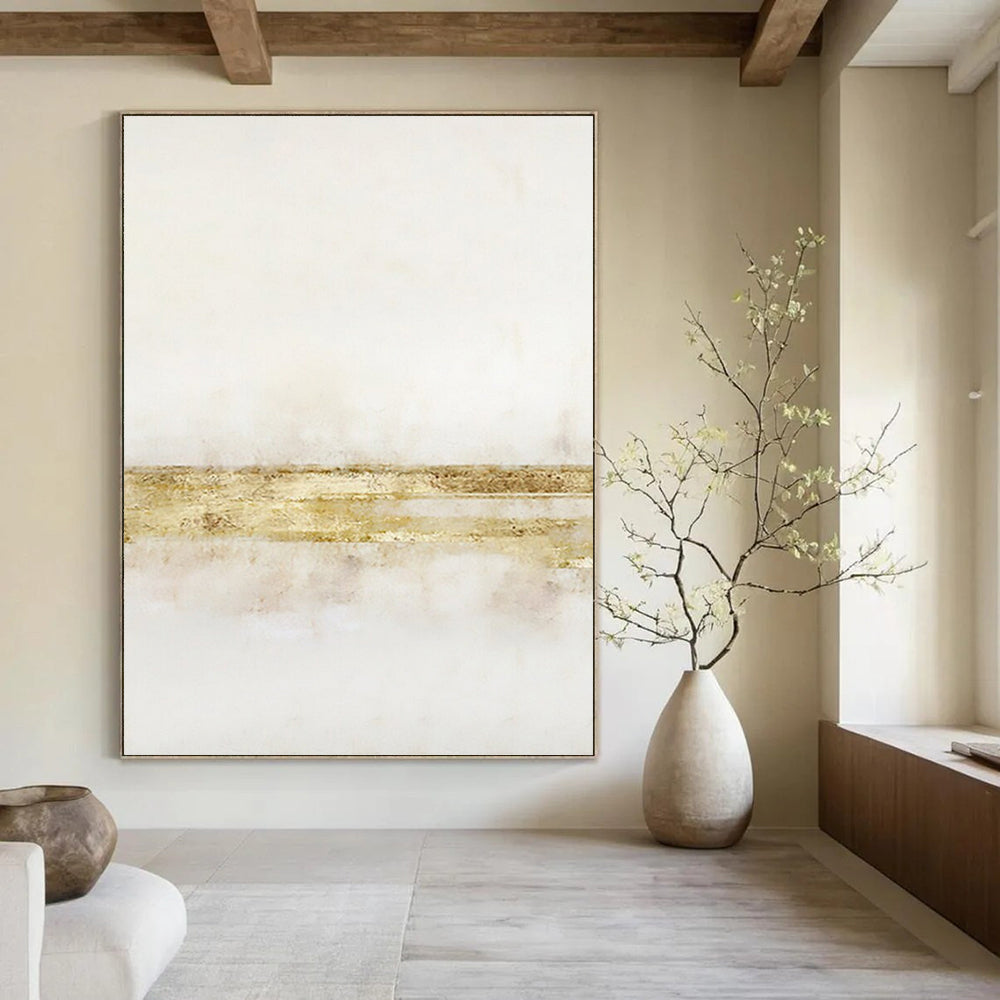 “White and Gold Minimalist Stripes” - Abstract, Metallic - Accented Painting On Canvas PT1538