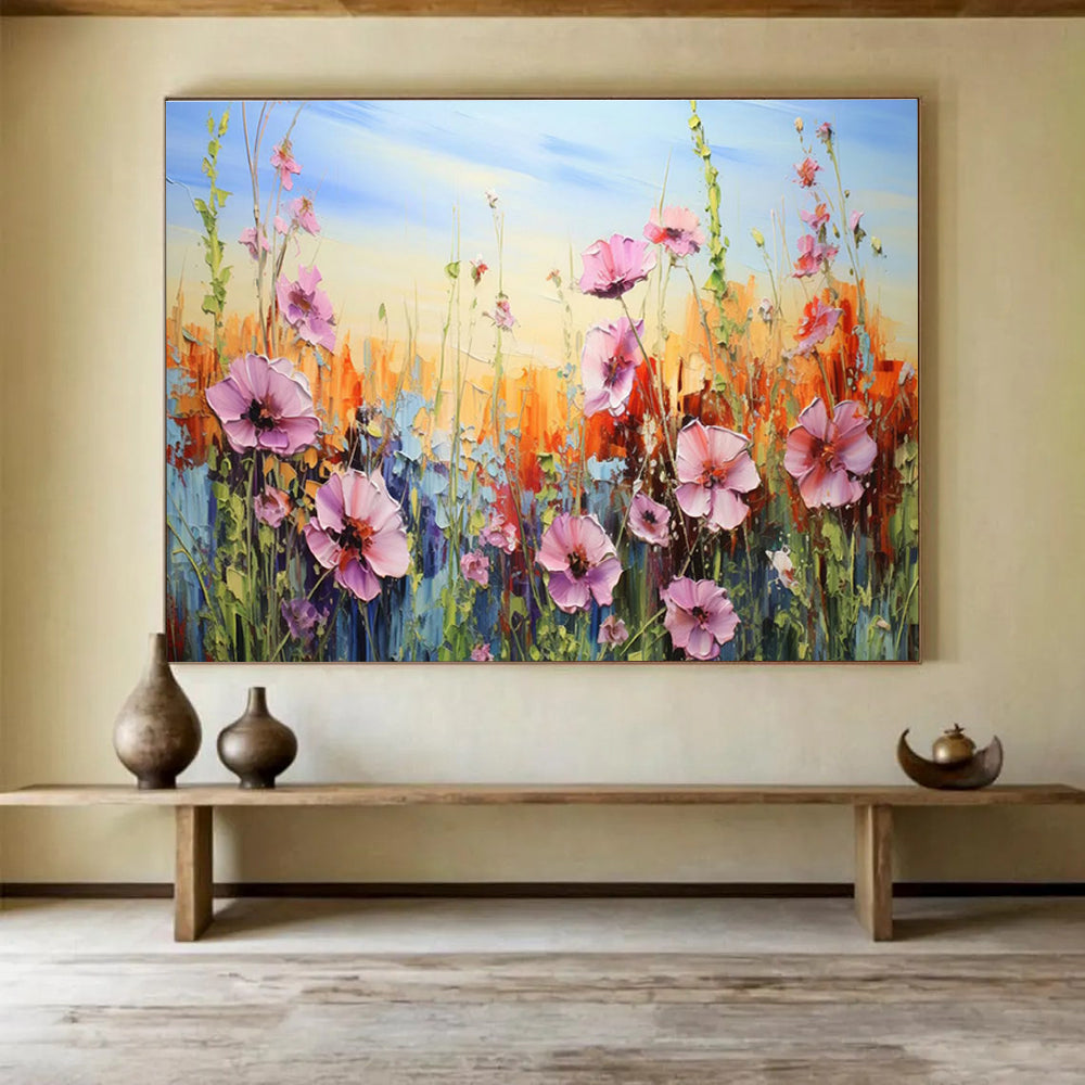 “Pink Wildflowers in Bloom” - Impasto Oil Painting on Canvas DKS903