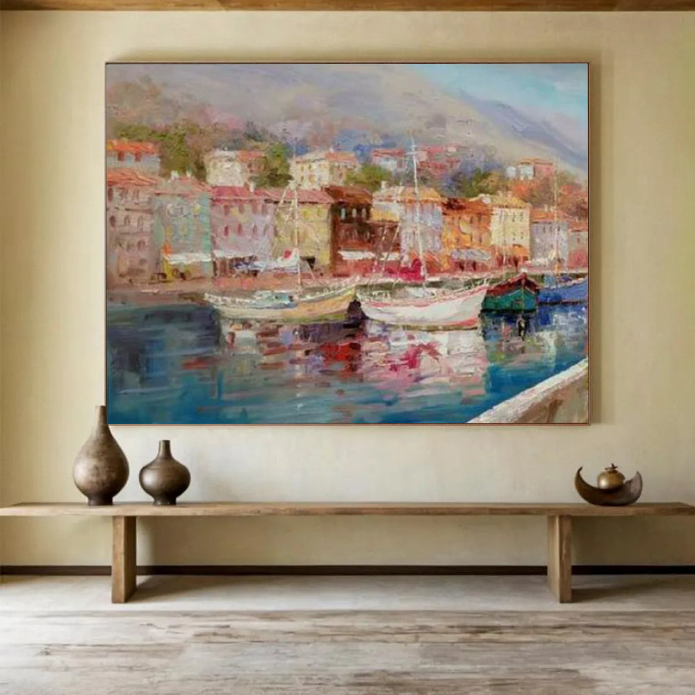 “Colorful Coastal Town with Boats” Impressionist Townscape Painting On Canvas PT1800