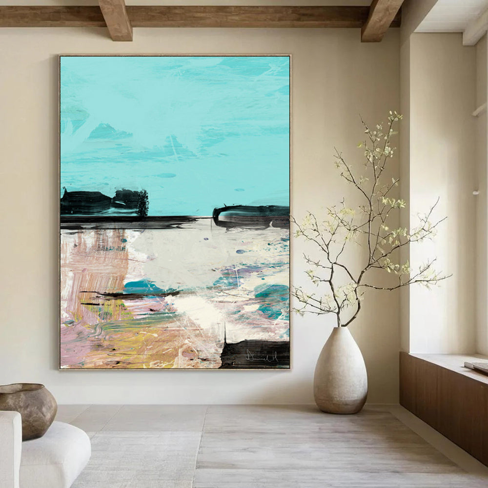 “Abstract Coastal Scene” - Turquoise Sky & Colorful Shoreline Painting On Canvas DS197