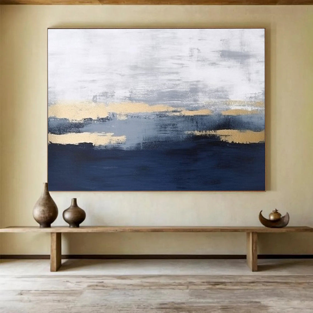 “Gray Gold Abstract” - Gray, Gold & Blue Abstract, Minimalist Oil Painting On Canvas DKS786