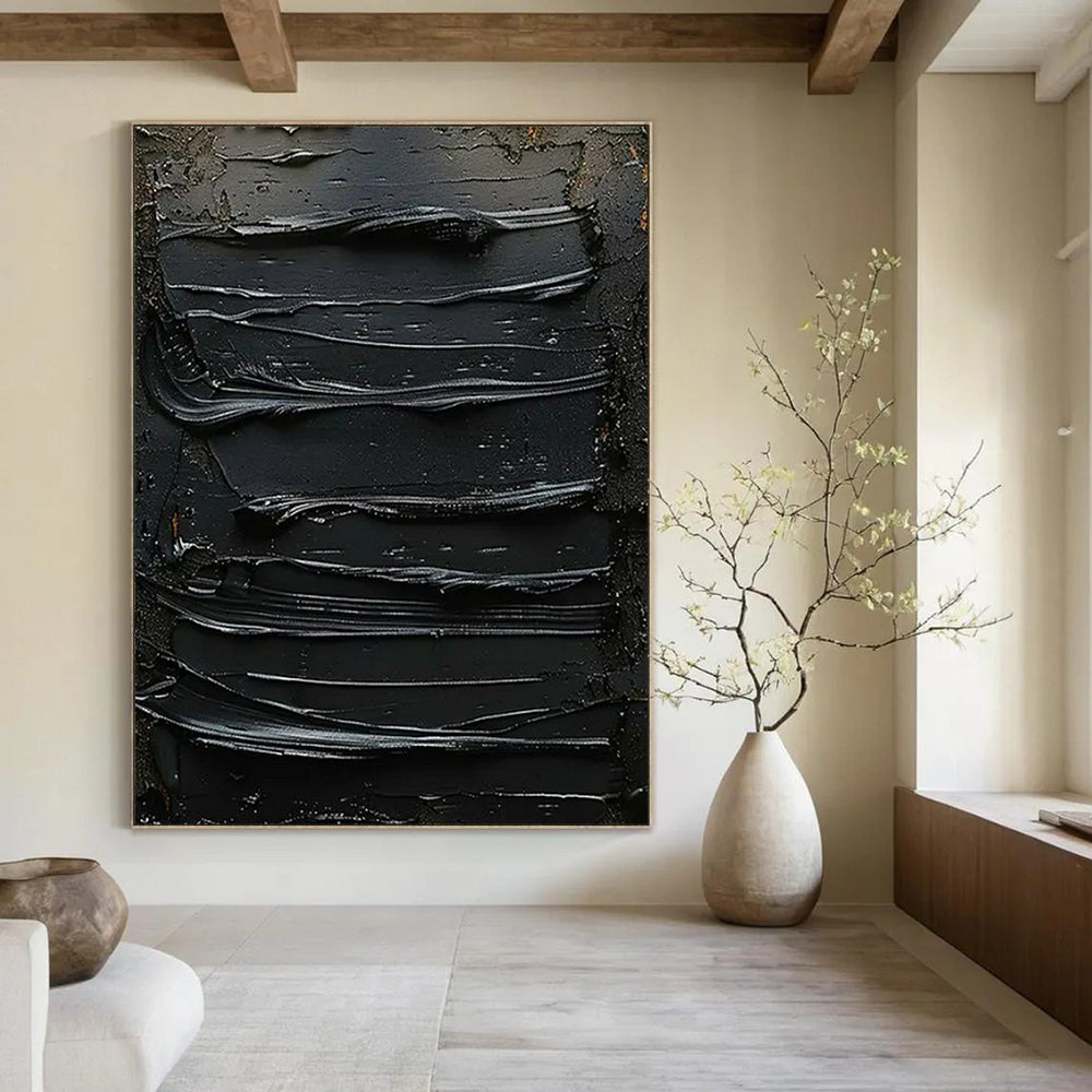 “Black Textured Mystery” - Minimalist Abstract Painting On Canvas PT2356