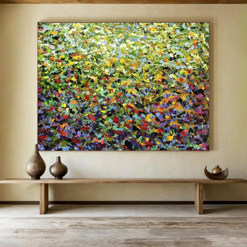 “Vibrant Green Field of Colorful Dots” Pointillist Abstract Painting On Canvas PT1797