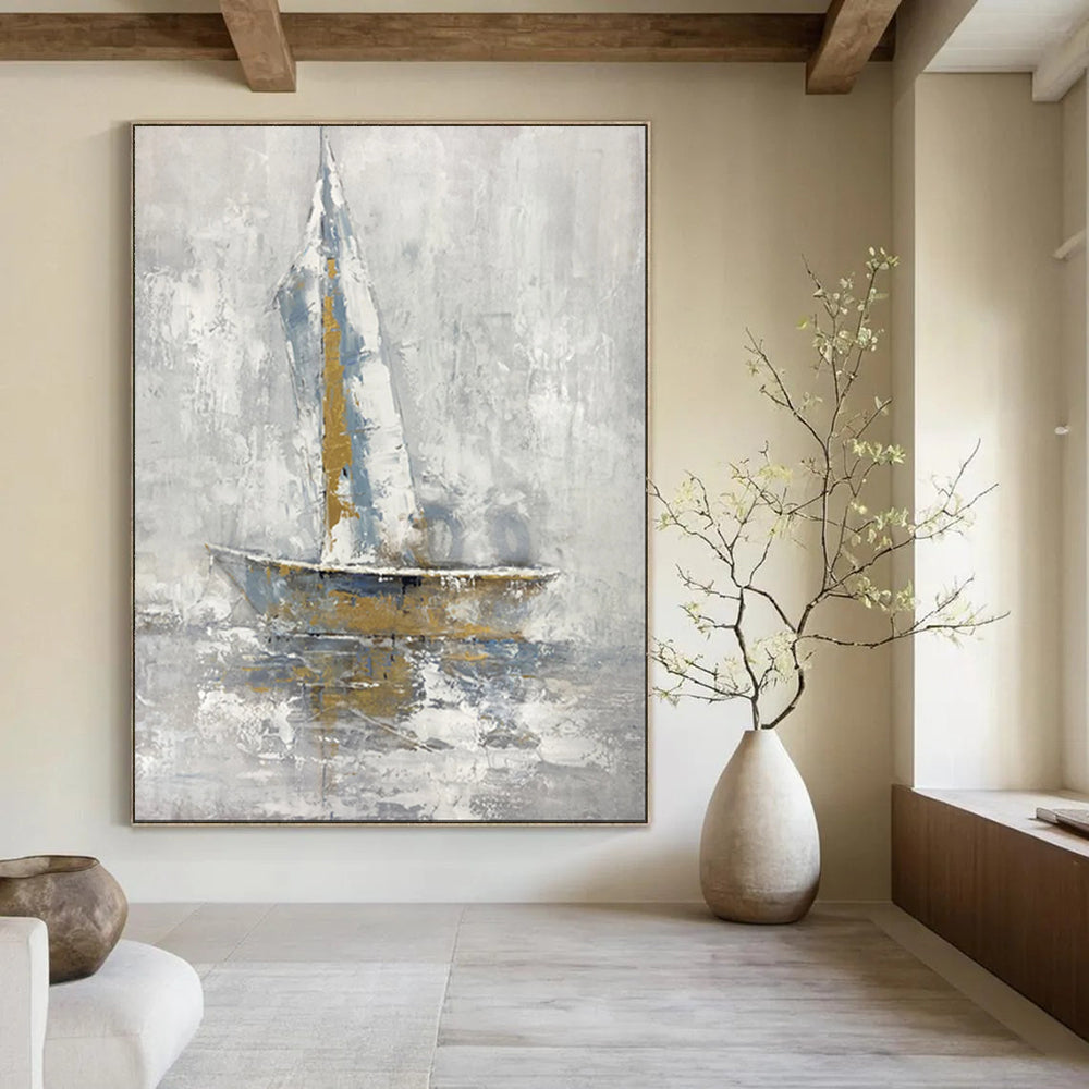 “Sailboat in Gray - Blue Abstract” - Nautical Abstract Painting On Canvas PT1957