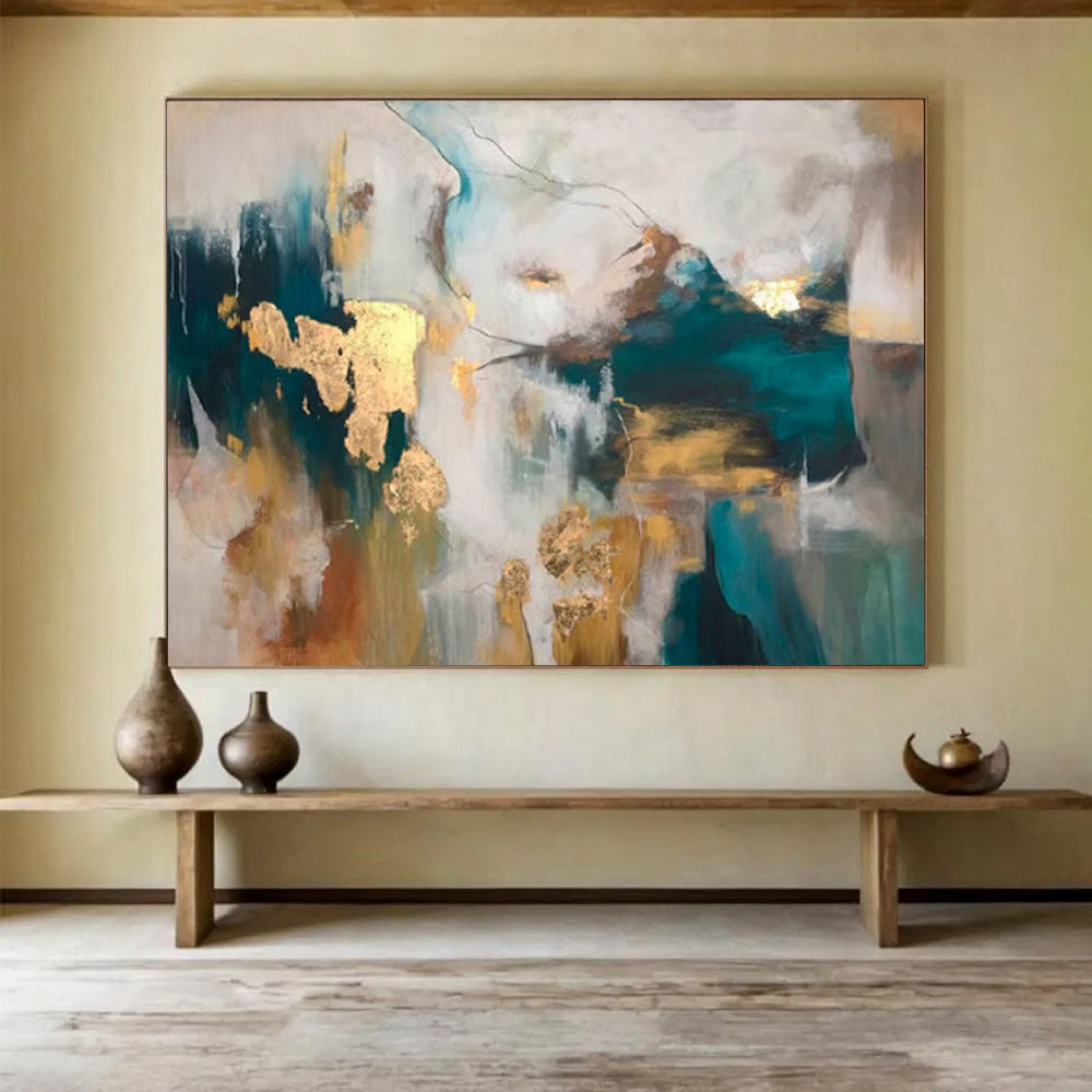 “Teal - Gold Abstract Shapes” - Rich Tones “Opulent Waves” Painting On Canvas PT1632