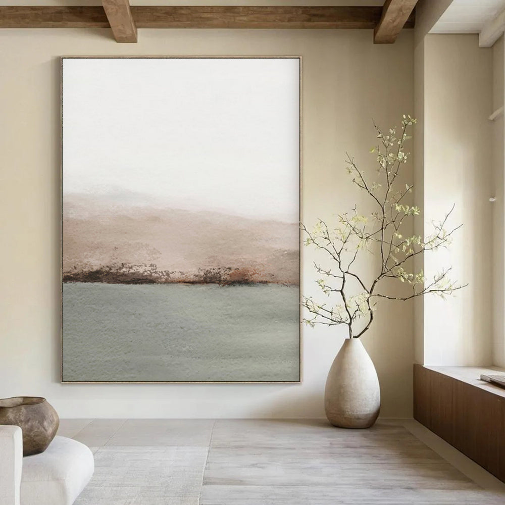 “Tiny Gray - Beige Watercolor Hills and Lake” - Watercolor Painting On Canvas PT2062