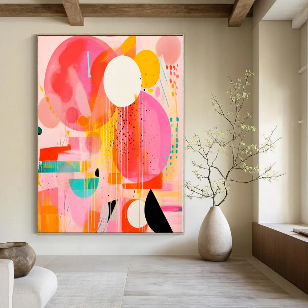 Bold Pink, Orange, and Circles "Pop Play" Abstract Painting On Canvas PS1181