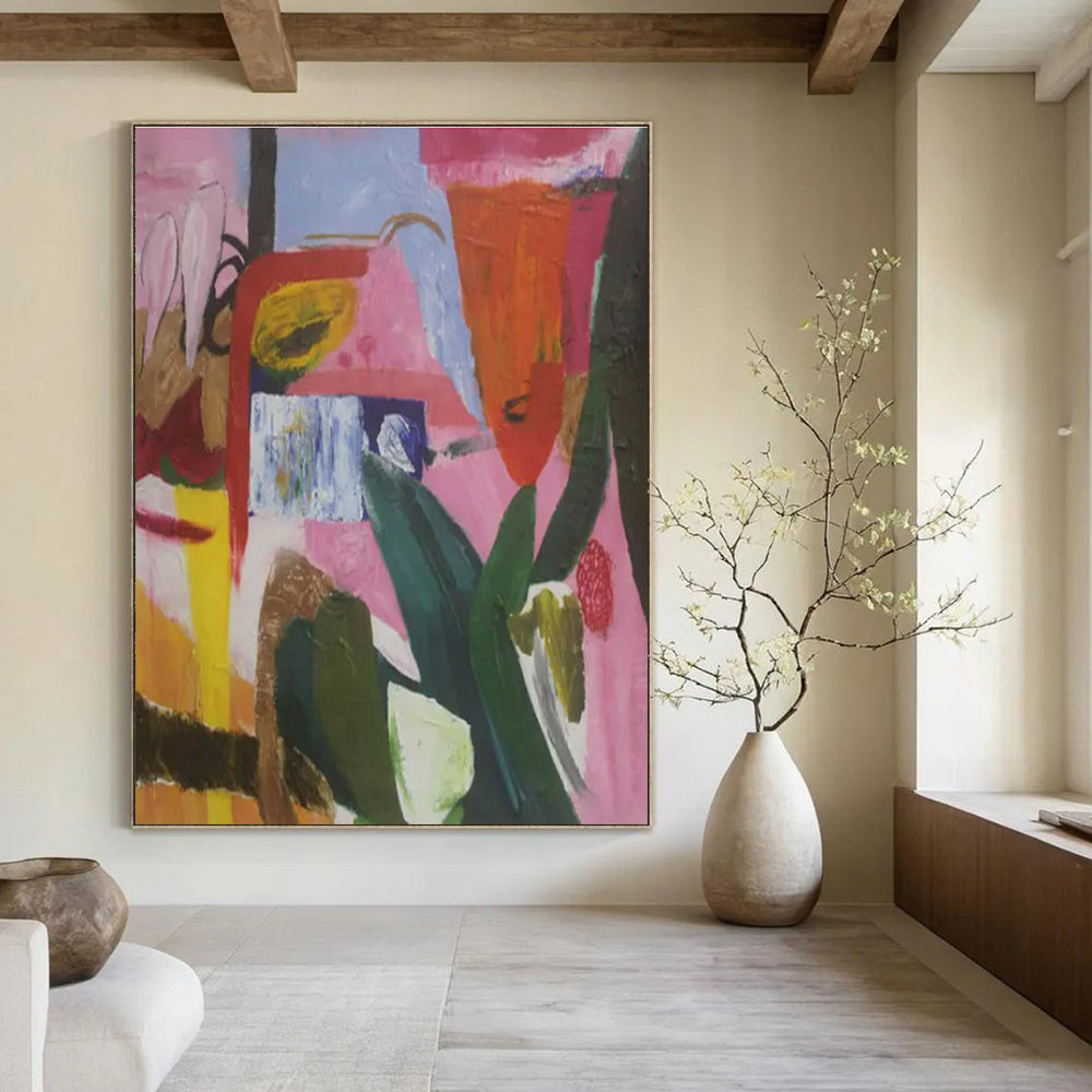 Pink, Green, Blue, Yellow with Playful Forms "Botanical Rhapsody" Abstract Painting On Canvas PS1410