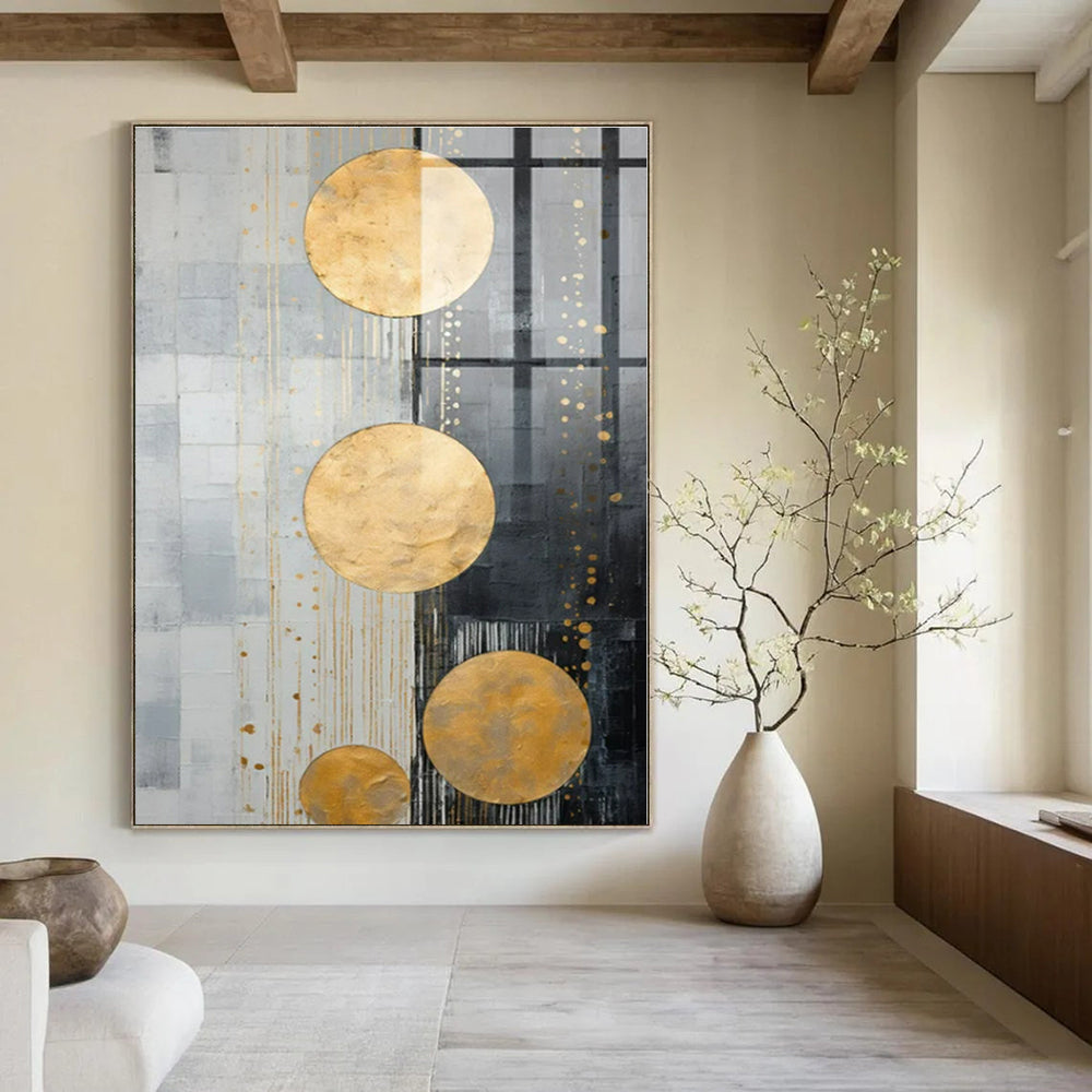 Gold Circles on Gray Abstract - Geometric Metallic Abstract Painting On Canvas PS1241