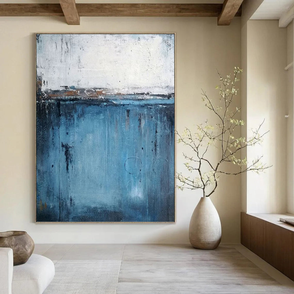 “Blue and White Abstract Horizon” - Minimalist, Serene - Styled Painting On Canvas PT1558