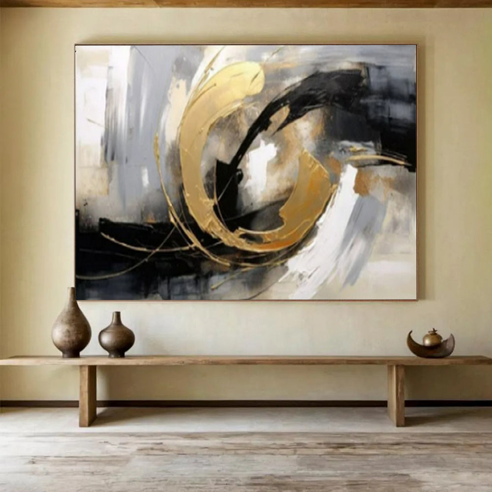 “Gold - Black - White Swirls” - Metallic Accents “Gilded Motion” Painting On Canvas PT1627