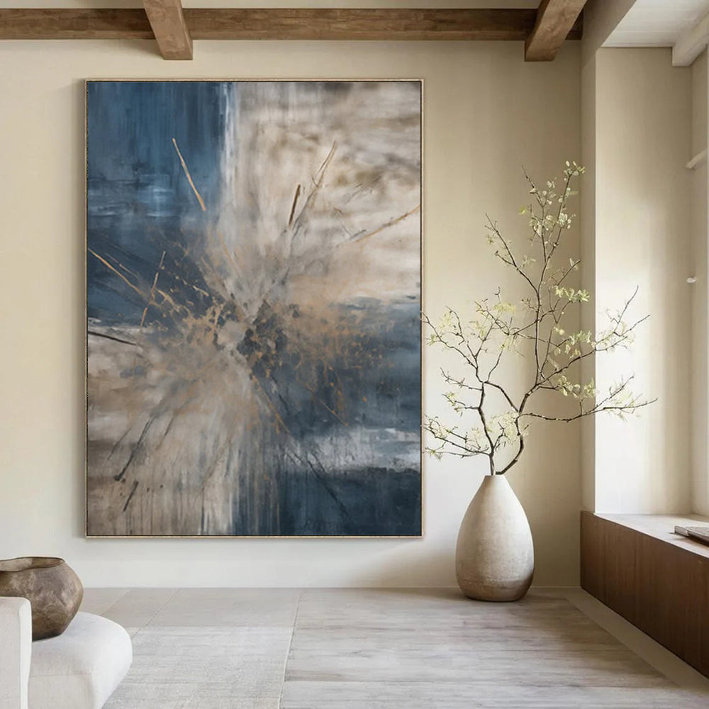 Blue - Gray - Gold Abstract Burst Painting On Canvas DS119
