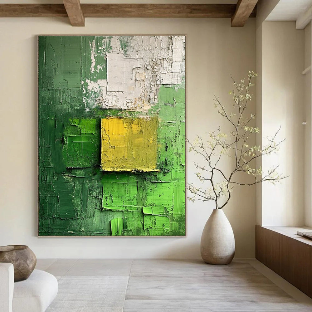“Green - Yellow Textured Squares” - Abstract Expressionist Painting On Canvas DS029