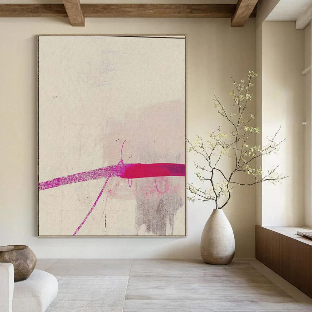 Light Pink, Gray, and Magenta Lines "Subtle Splash" Abstract Line - Based Painting On Canvas PS1045