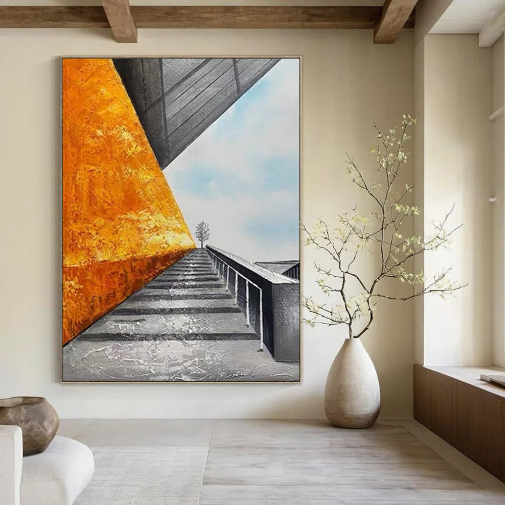 “Orange Wall & Stairway” - Architectural Abstract Painting On Canvas DS281