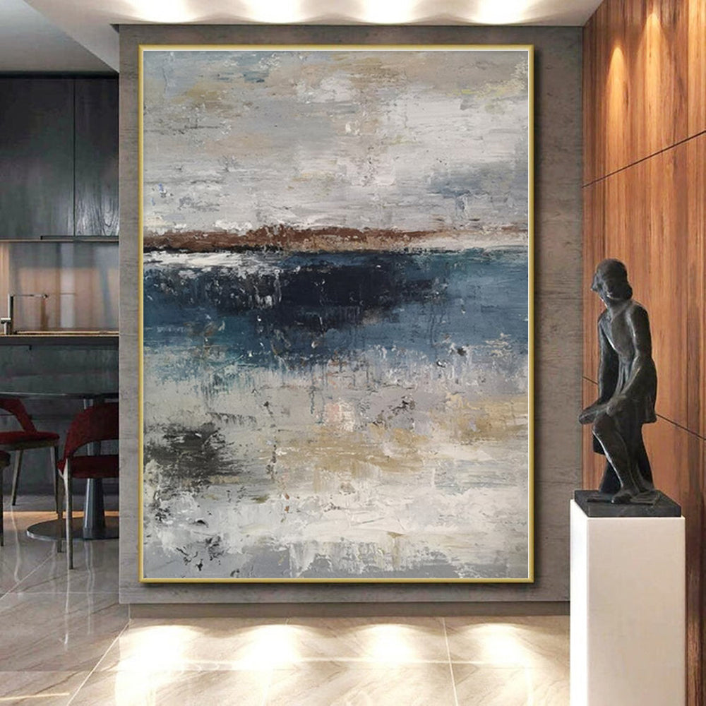 “Gray - Blue Coastal Abstraction” - Gray, Blue, Brown Abstract Painting On Canvas PS0471