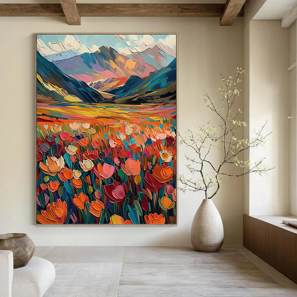 “Colorful Mountain Field” - Landscape, Vibrant - Hued Painting On Canvas PT1597