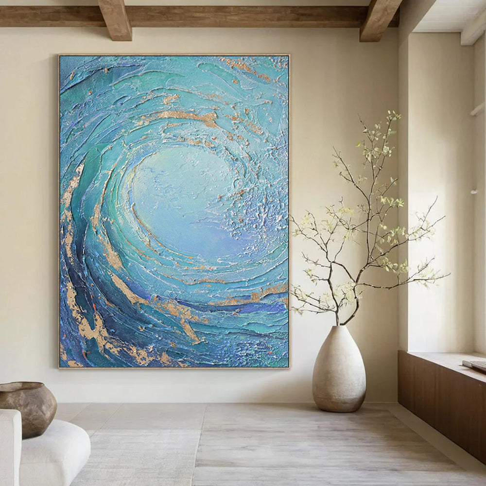 “Teal and Gold Swirl” - Textured Abstract Wave Painting On Canvas DS332