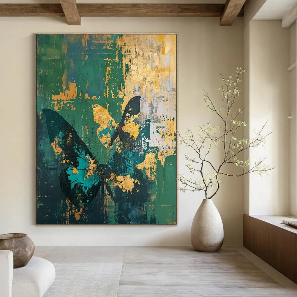 “Butterfly Abstract in Green and Gold” - Mixed - Media Abstract Painting On Canvas PT2287