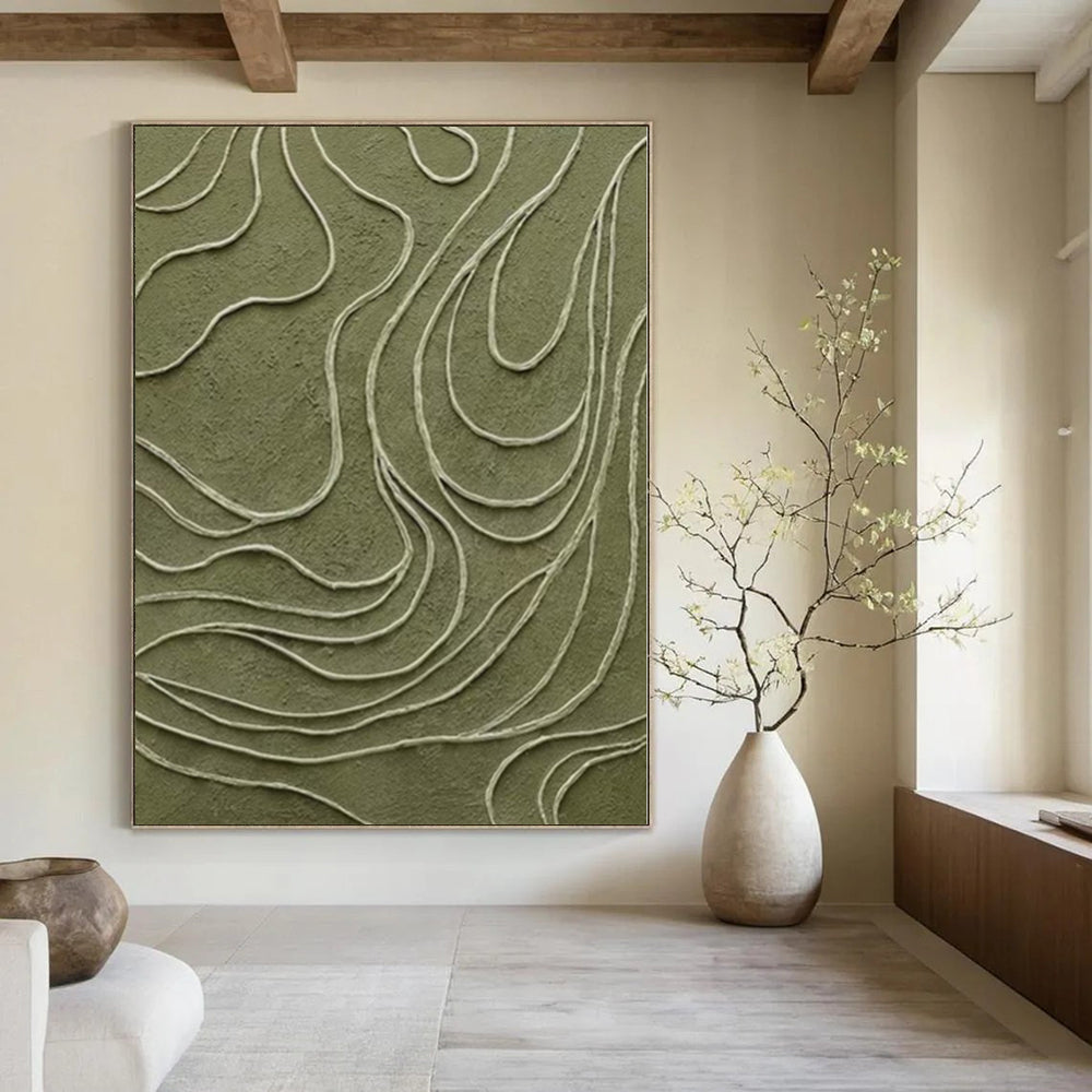 “Olive Green with White Curved Lines” - Textured Abstract Painting On Canvas PS0144