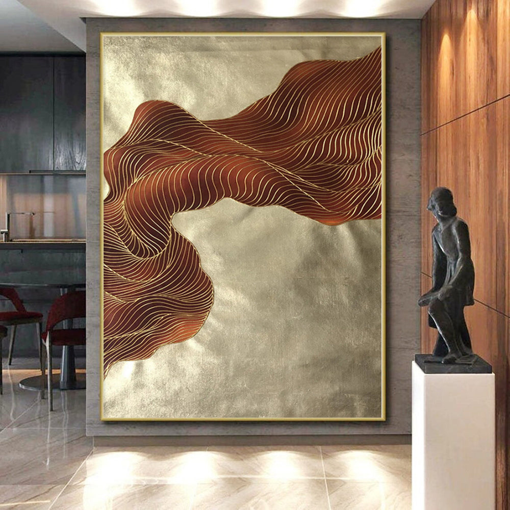 “Brown - Gold Abstract Flowing Ribbons” - Opulent Abstract Painting On Canvas PS0347